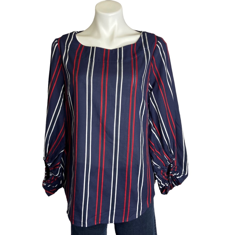 CABI 5516 Red White Blue Striped Flag Blouse Balloon Sleeves Womens Medium